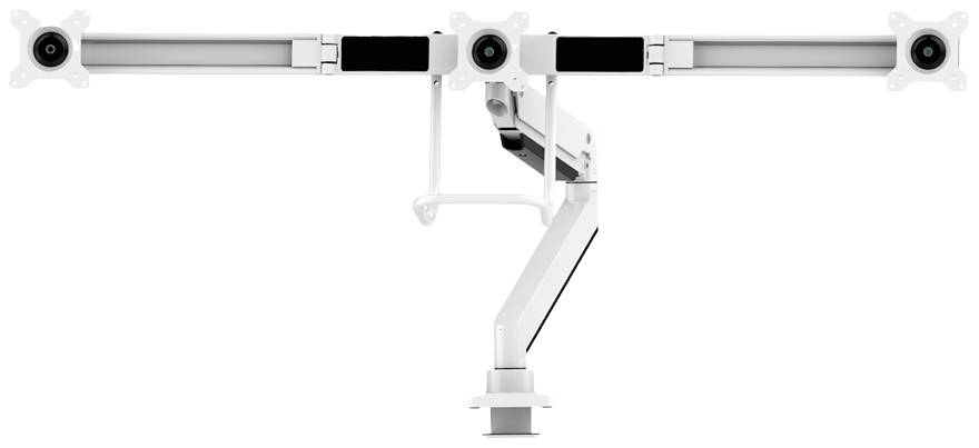 A white, modern-looking multi-monitor mount with adjustable arms and mounting points for screens.