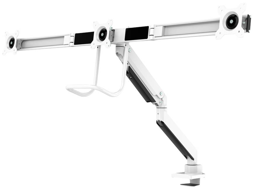 A white, adjustable monitor arm with three mounts for securing screens, suitable for ergonomic workspaces.