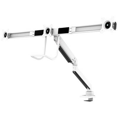 A white, adjustable monitor arm with three mounts for securing screens, suitable for ergonomic workspaces.