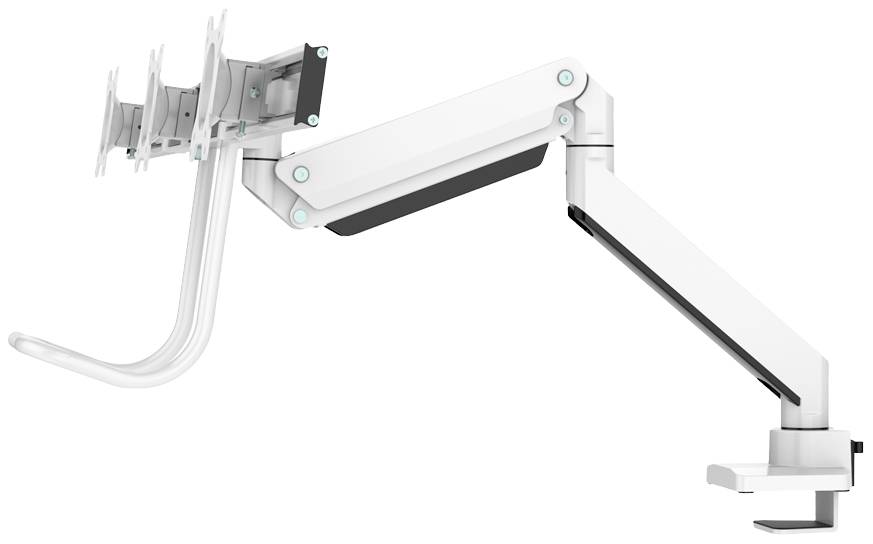 A white, adjustable monitor arm with multiple joints and mounting options for screens, suitable for office workstations.