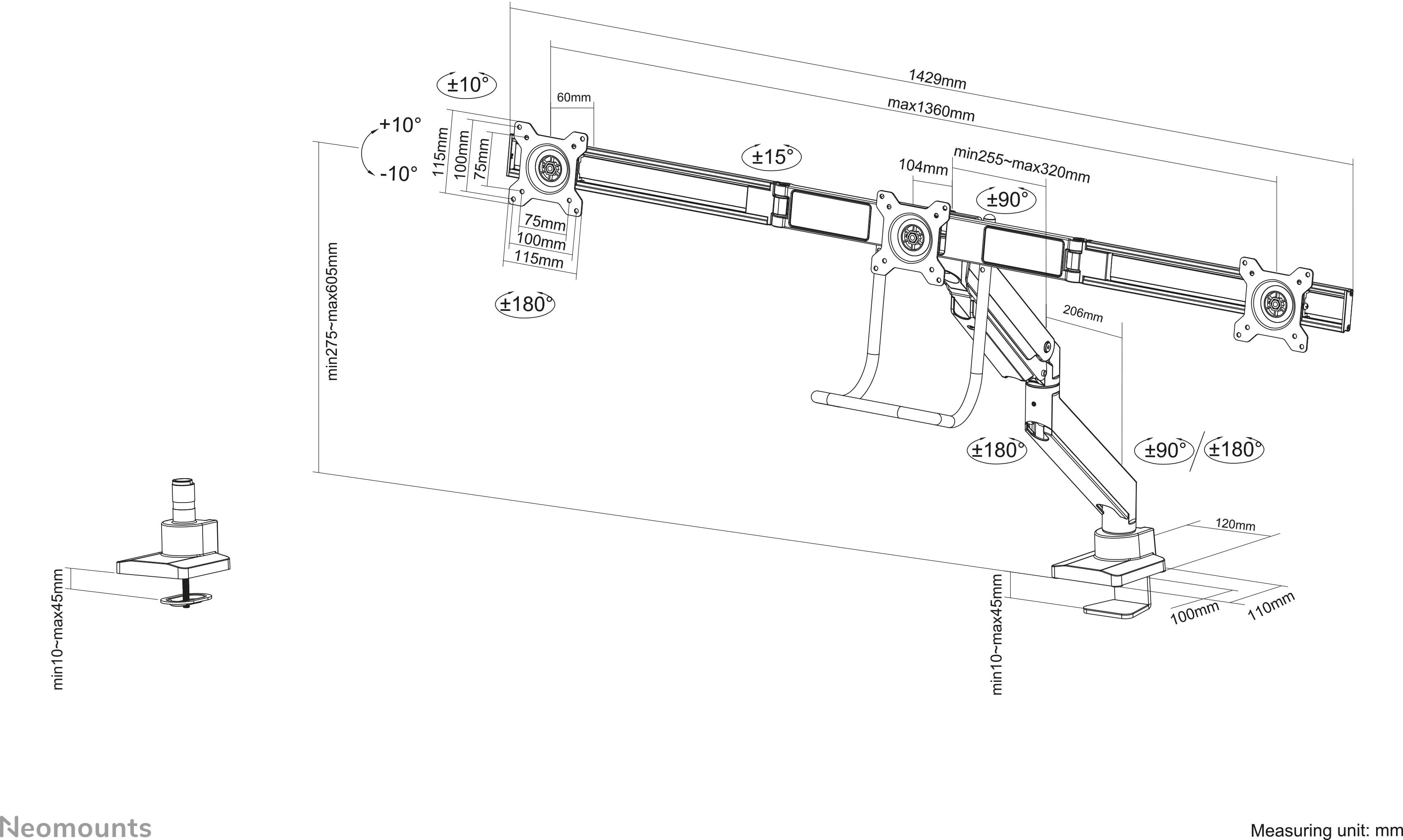 'Drawing of a neomounts monitor arm' with dimensions and adjustment options. The arm is swivellable, tiltable and rotatable. Unit of measurement: mm.
