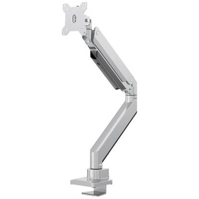 A silver monitor arm with joints for flexible screen positioning. Suitable for mounting on a desk.