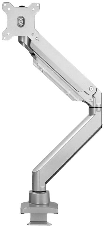 Image of a monitor arm in silver colour. The arm is adjustable and is mounted to a desk.