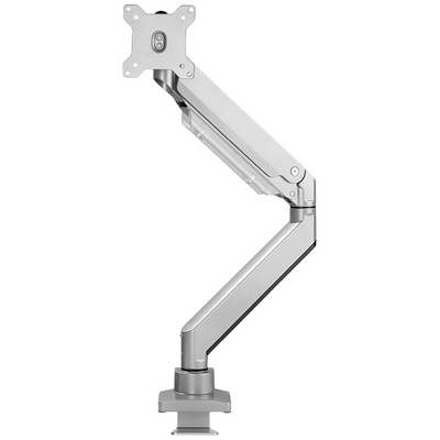 Image of a monitor arm in silver colour. The arm is adjustable and is mounted to a desk.