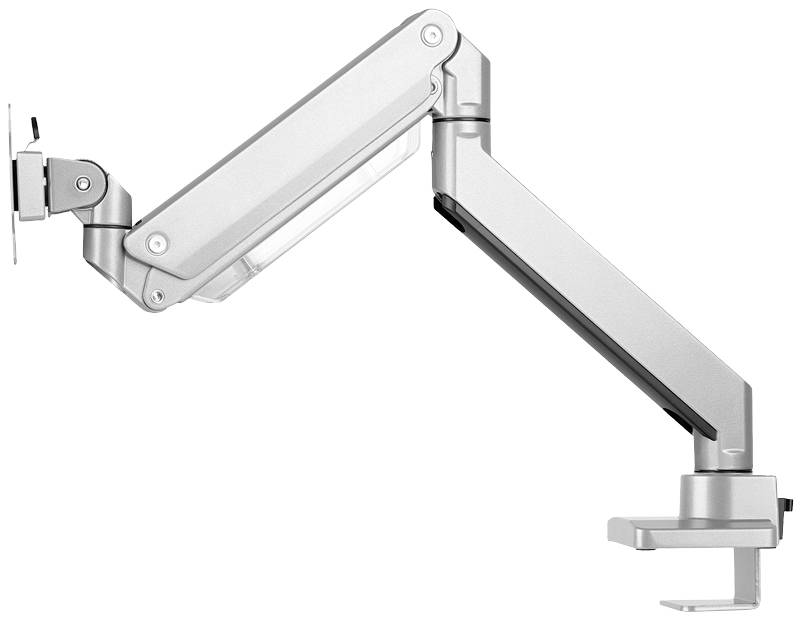 Silver monitor arm with multiple joints and desk clamp, suitable for flexible workspace configuration.