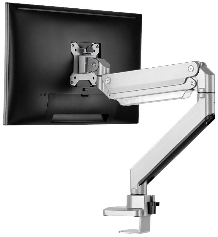 A black monitor is attached to a silver, articulated arm mounted on a desk.
