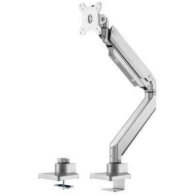 A silver, adjustable monitor arm with desk mounting, suitable for attaching a monitor to a desk.