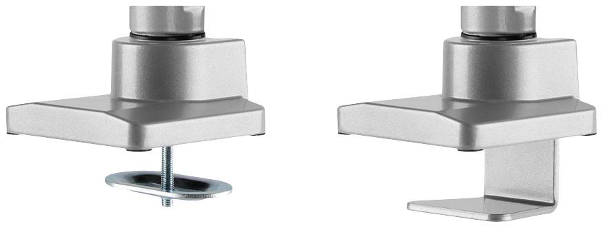 Two metal clamps for attaching to a table edge; on the left with a screw and washer, on the right without a screw.