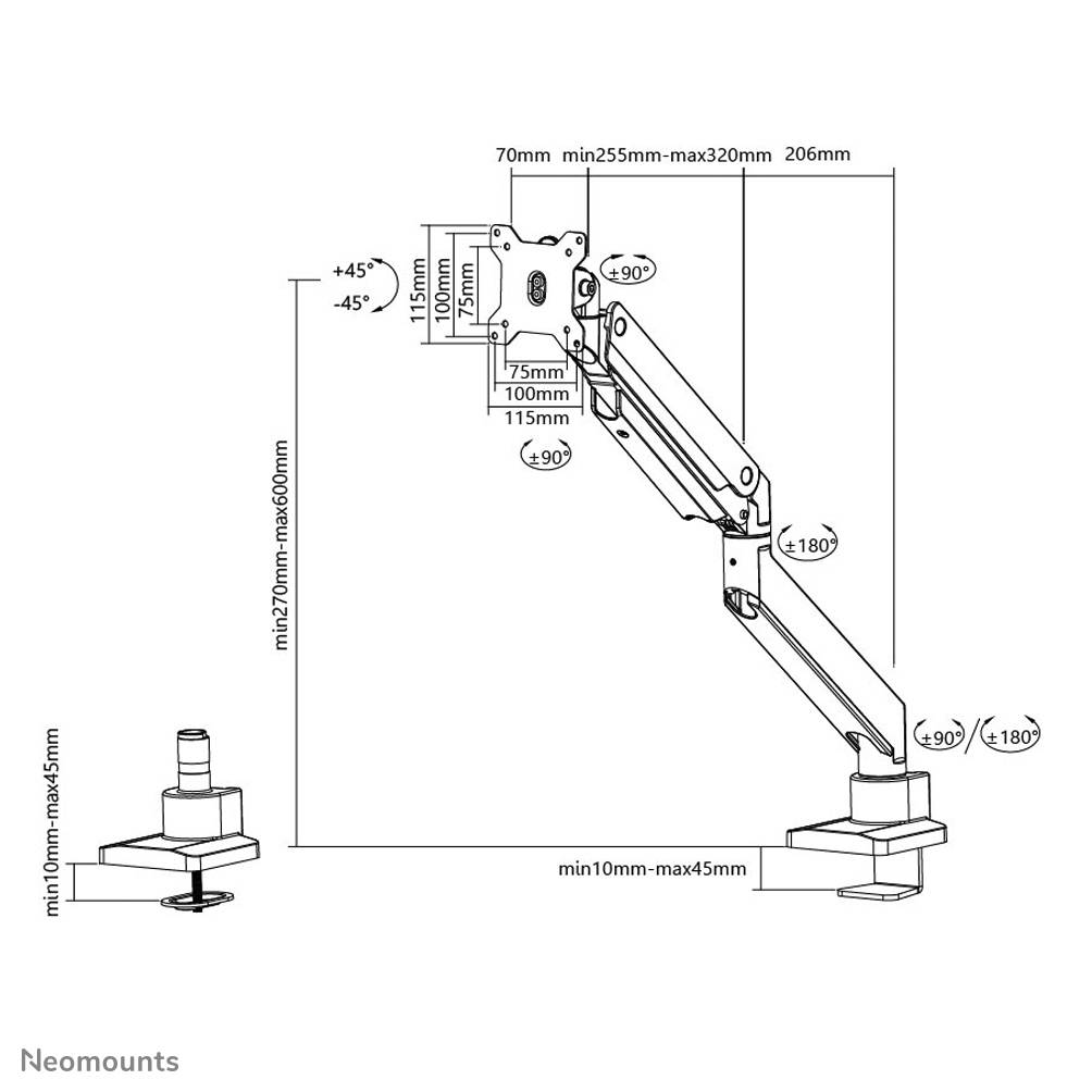 Height-adjustable monitor arm with rotatable and pivoting joints. Dimensions and tilt angles for flexible screen positioning.