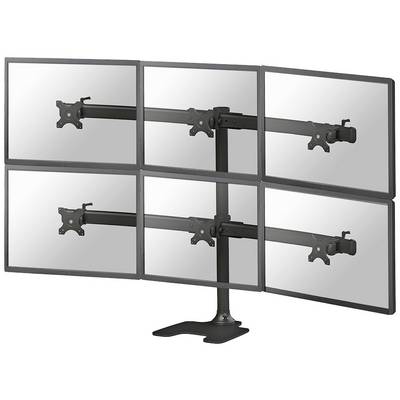 Six-way monitor stand with six empty monitor frames arranged side by side on a central base.