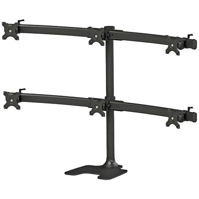 Monitor mount with two adjustable arms, suitable for up to four screens. It is black and stands on a sturdy base.