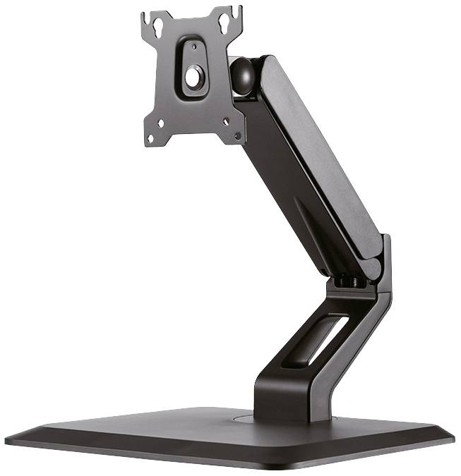 Black monitor arm with articulated joint on rectangular base, suitable for mounting computer displays.