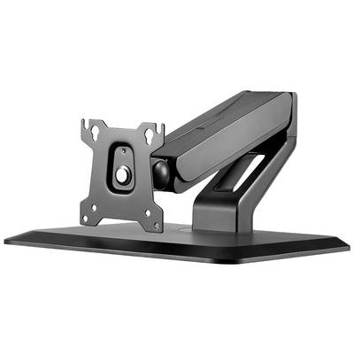 Black monitor stand with VESA mount, adjustable arm and sturdy base. Suitable for monitors, offers flexible positioning.