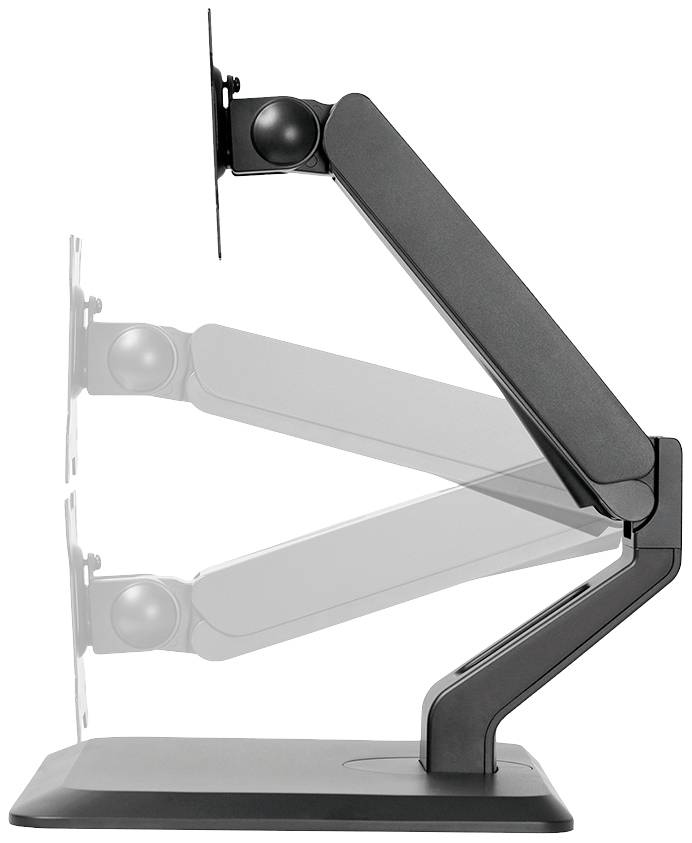 An adjustable monitor arm shows three potential positions through overlays. Ideal for flexible monitor positioning.