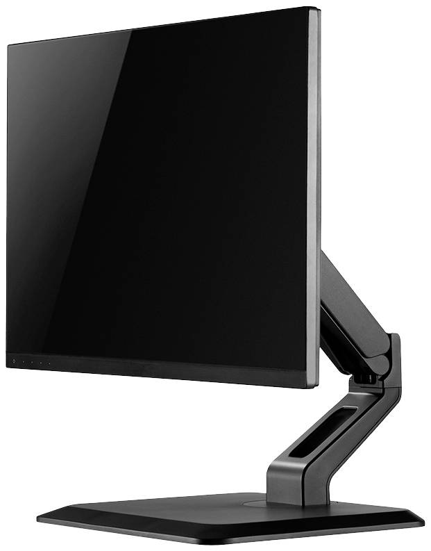 A modern, black computer monitor on an adjustable stand. The screen is switched off.