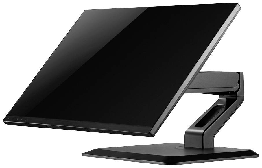 A black, modern computer monitor with an adjustable stand, viewed from the side, with the screen displaying no content.