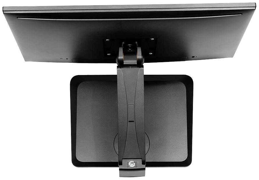 A computer screen viewed from above, showing an adjustable mount.