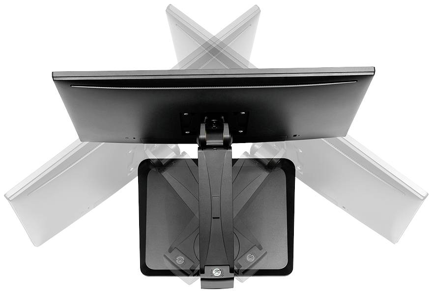 A monitor shown from behind at various angles demonstrates the screen's tilt and swivel functions.