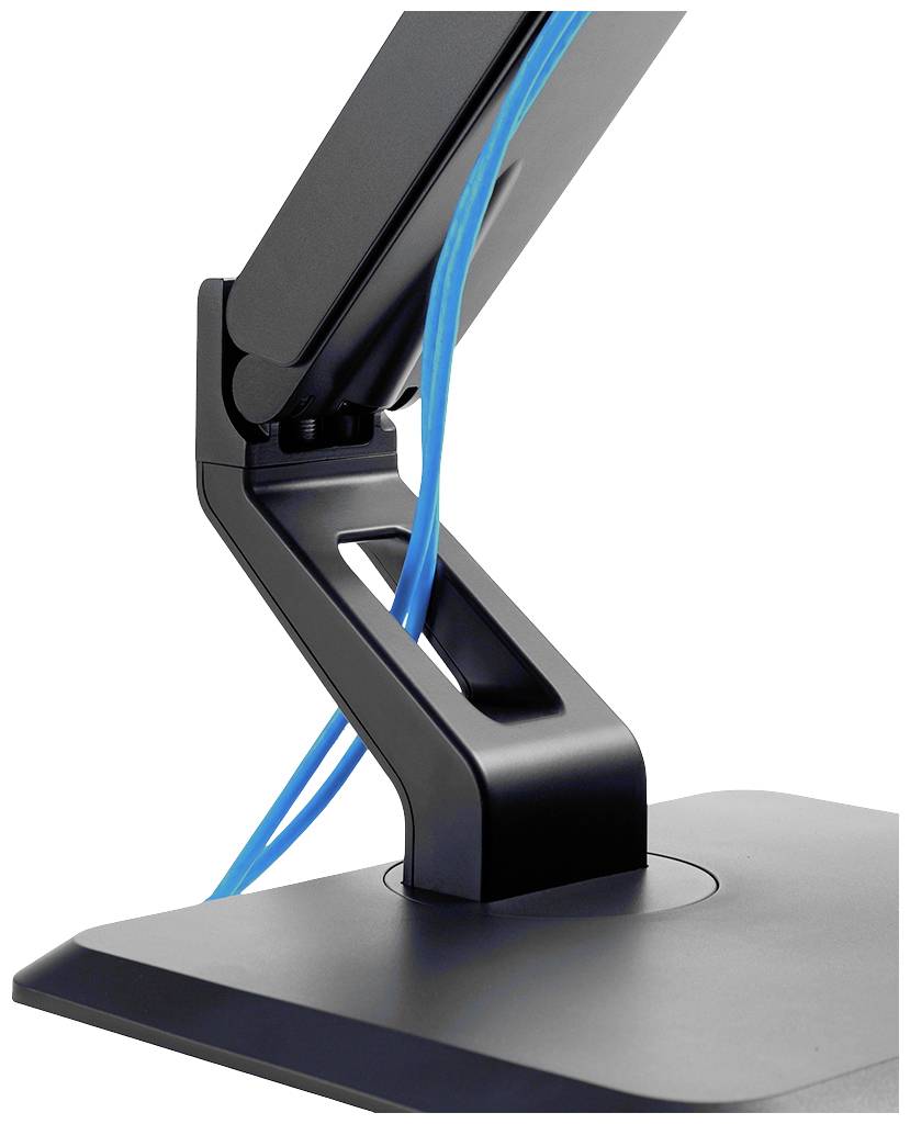 A black, adjustable monitor arm with an integrated cable management system. A blue cable strand runs neatly through the guide.