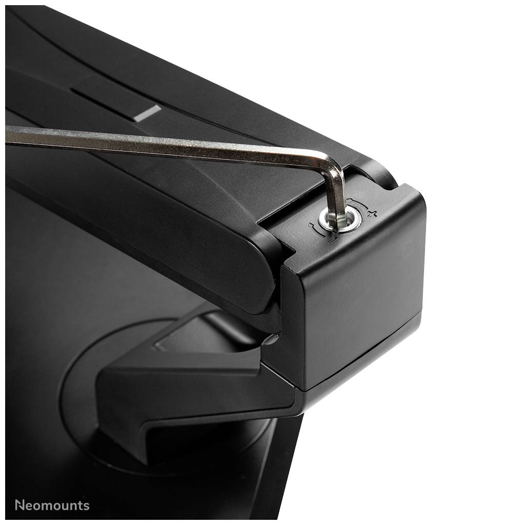 'Black monitor arm with hex key in adjustment screw for mounting or adjusting screens.'