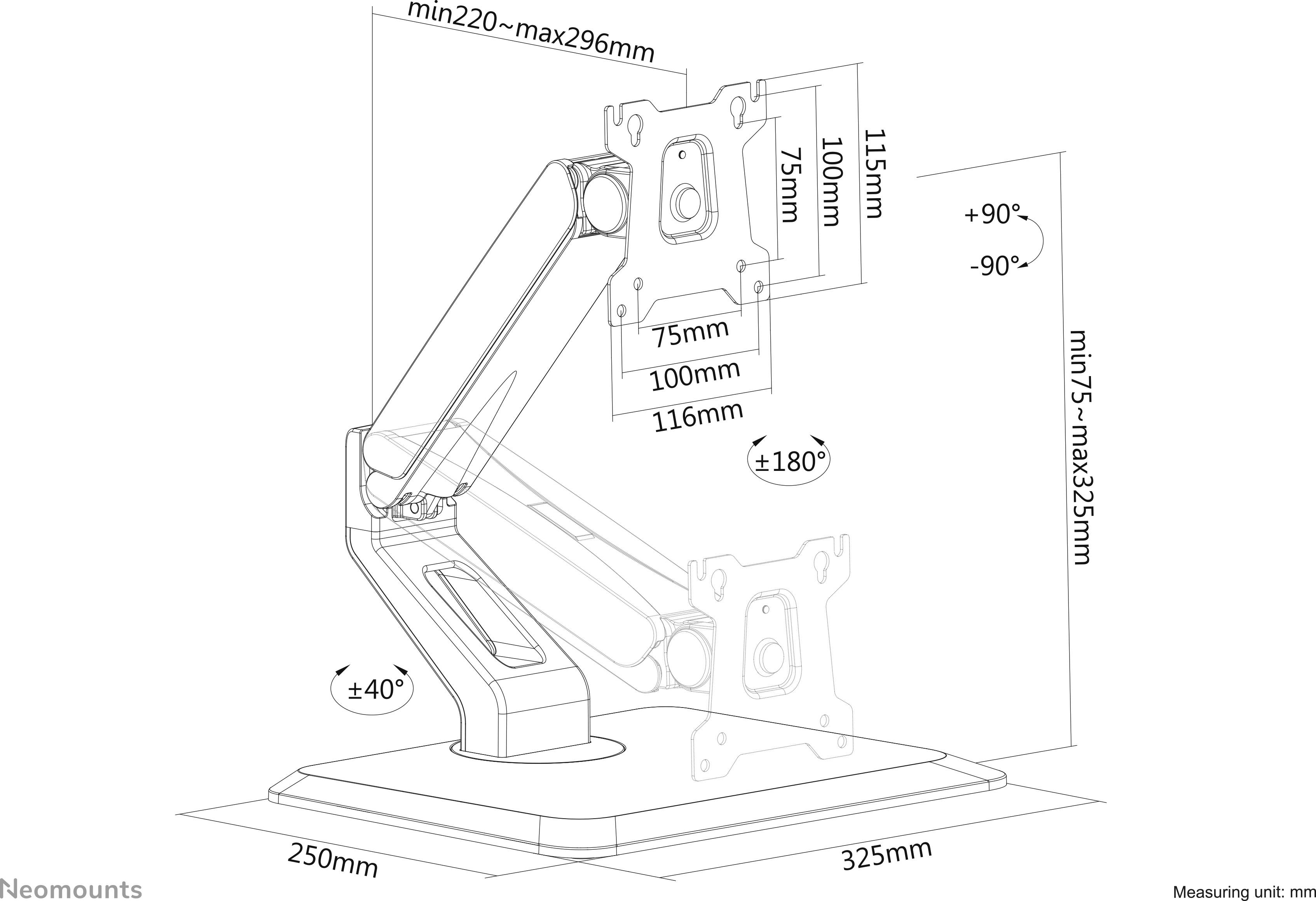 Swivel monitor arm with adjustable height and tilt angles: Height 115-325 mm, Tilt ±90°, Rotation ±180°, Base 250x325 mm.