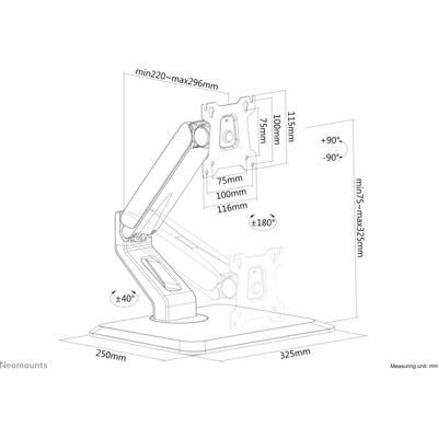 Swivel monitor arm with adjustable height and tilt angles: Height 115-325 mm, Tilt ±90°, Rotation ±180°, Base 250x325 mm.