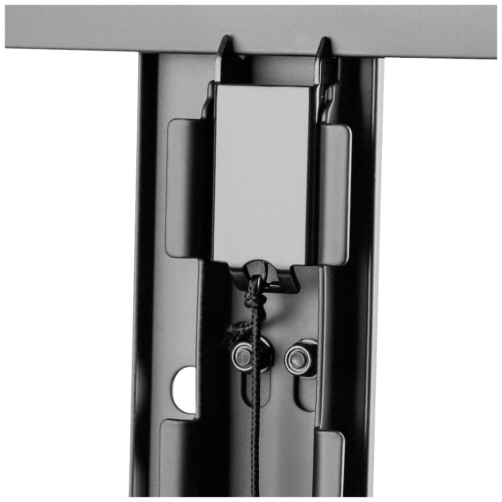 Close-up of a black metal fitting with a hook and eye, connected by a rope, potentially part of a shelving system.