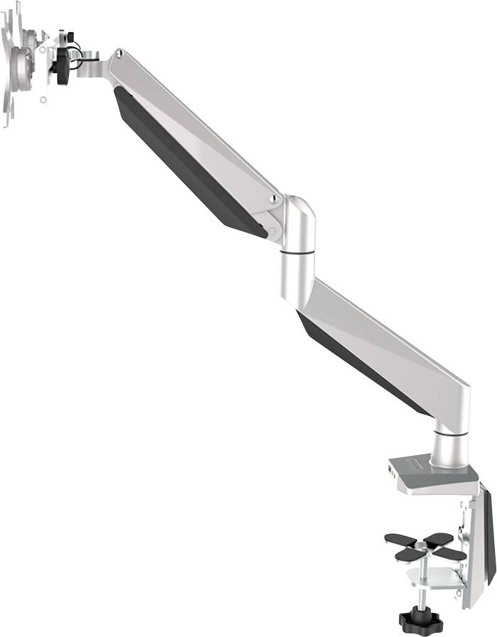 An adjustable monitor arm for mounting on a desk, with joints that allow positioning the screen at various angles.