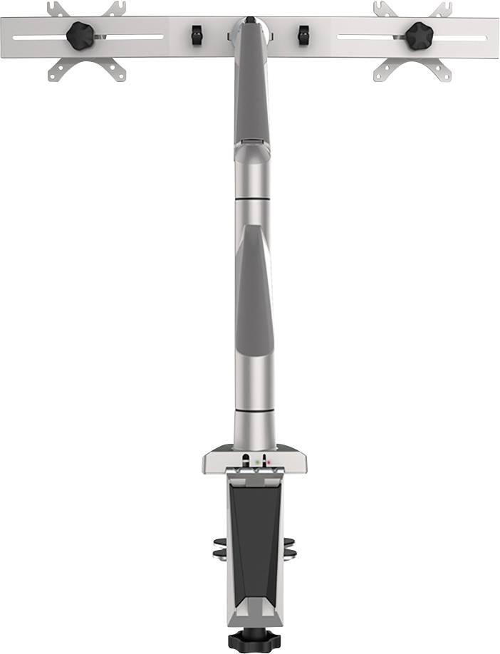 Metallic monitor arm with two screen mounts, central jointed arm for positioning, suitable for desks.