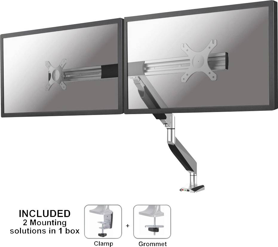 Two monitors on a flexible, height-adjustable arm holder with clamp and through-desk mounting, box text: 'INCLUDED 2 Mounting solutions in 1 box'.