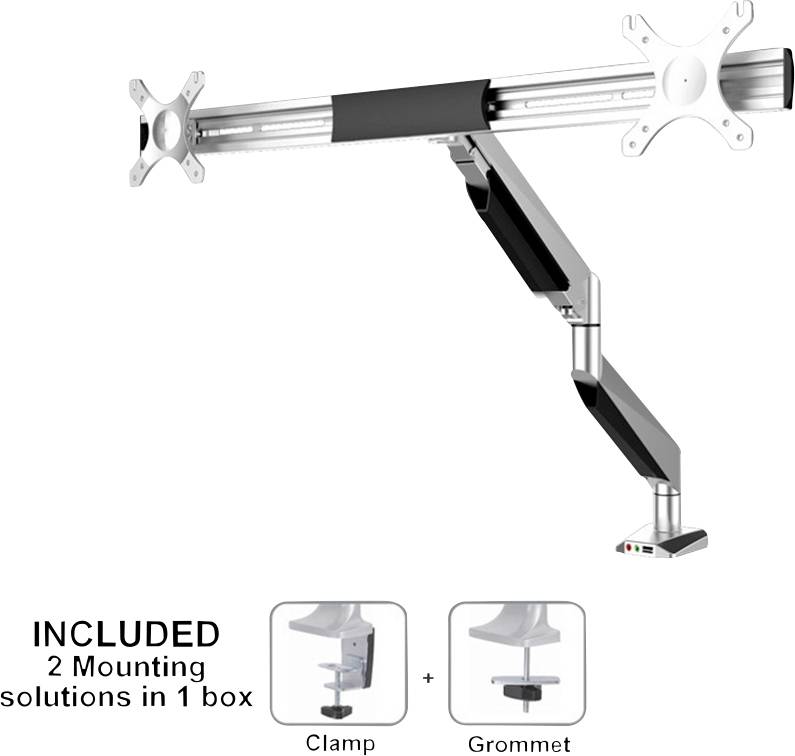 Double monitor arm in silver with flexible joint and two mounting options: clamp and grommet.