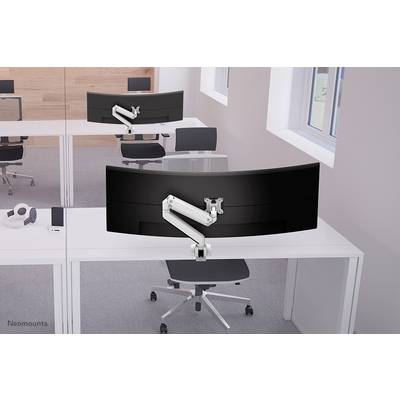 Two modern offices with large, curved monitors on white desks in front of bright windows. Monitor arms are flexibly adjustable.