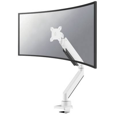 A curved monitor mounted on an adjustable white arm, ideal for ergonomic computer use and space-saving working.