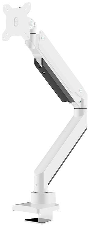 A white, adjustable monitor arm with joints. Suitable for mounting a screen on a desk.