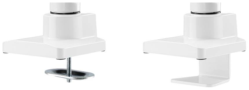 Two white table mounting brackets: on the left with a screw clamp, on the right with a U-shaped end for mounting on table edges.