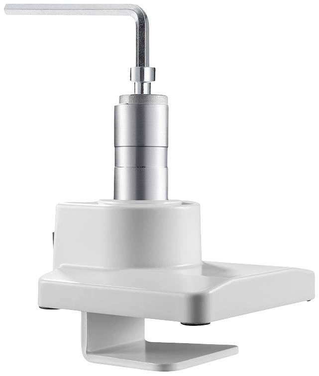 A white slide holder with an adjustable, metallic L-shaped arm, used for laboratory equipment.