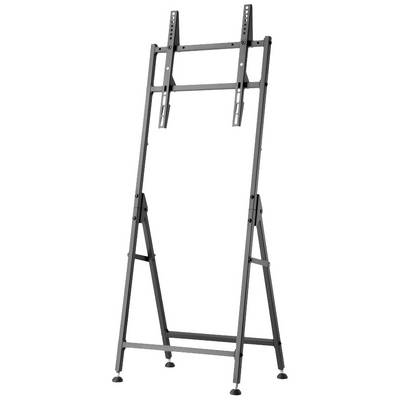 A black, tall TV stand with adjustable mountings and sturdy feet. Ideal for displaying screens.