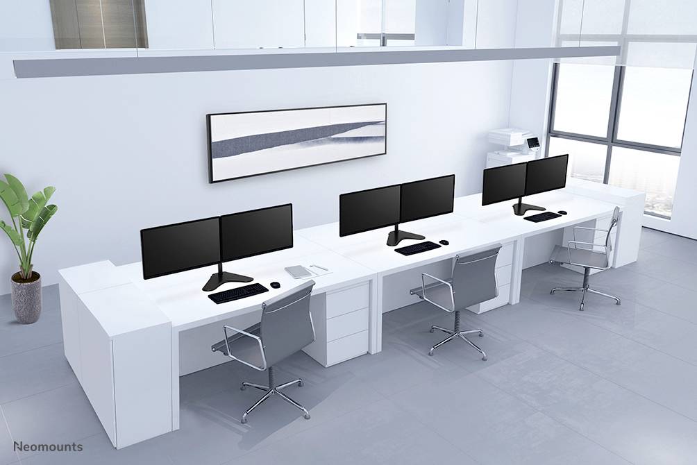 Modern office with four desks in a row, each with dual monitors and grey office chairs; bright, minimalist interior.