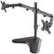 A black, height-adjustable dual monitor mount with a sturdy base and pivoting arms.