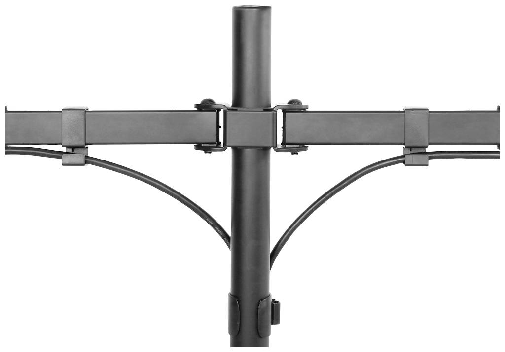 Black metal mounting bracket for two monitors, symmetrically attached to a vertical tube stand with cable management for office applications.