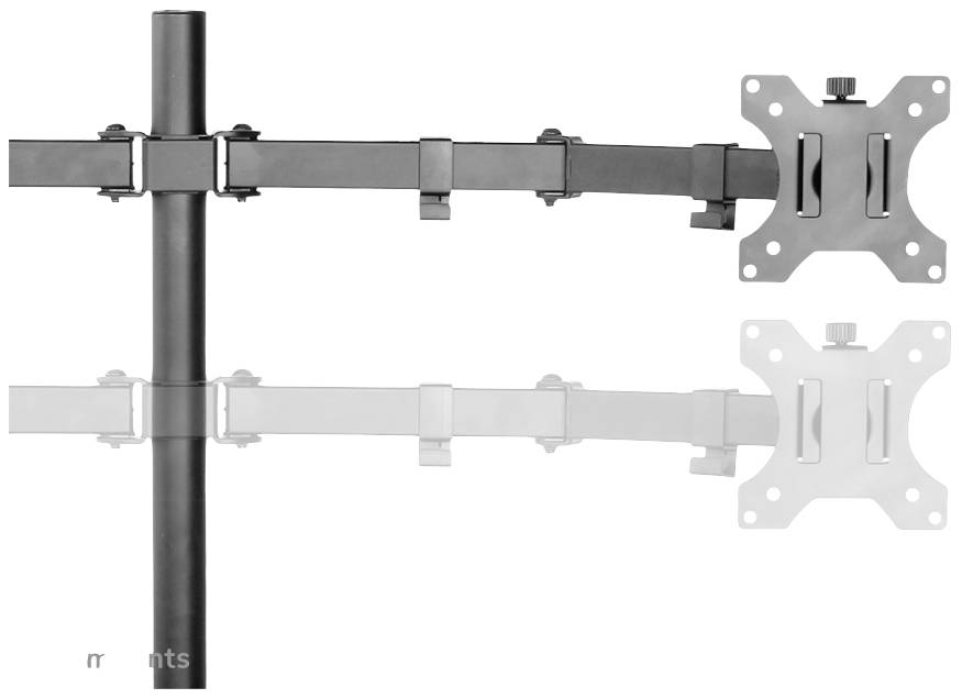 Monitor mount with two arms; one pointing right in full colour, the other on the left transparent. Suitable for two screens.