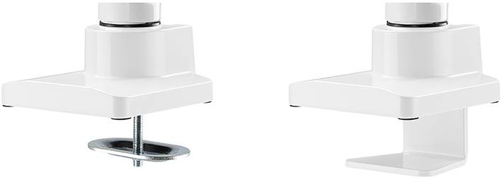 Two white table mountings, on the left with screw clamp and thread for fixing, on the right with fixed clamp, both for monitor arms.