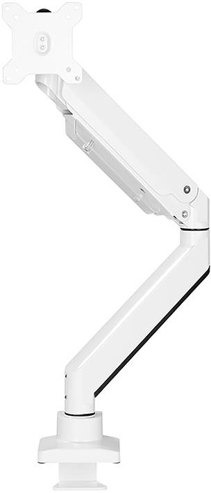 A white monitor arm in a diagonal view, with a cable management system and a clamp for attaching to a desk.