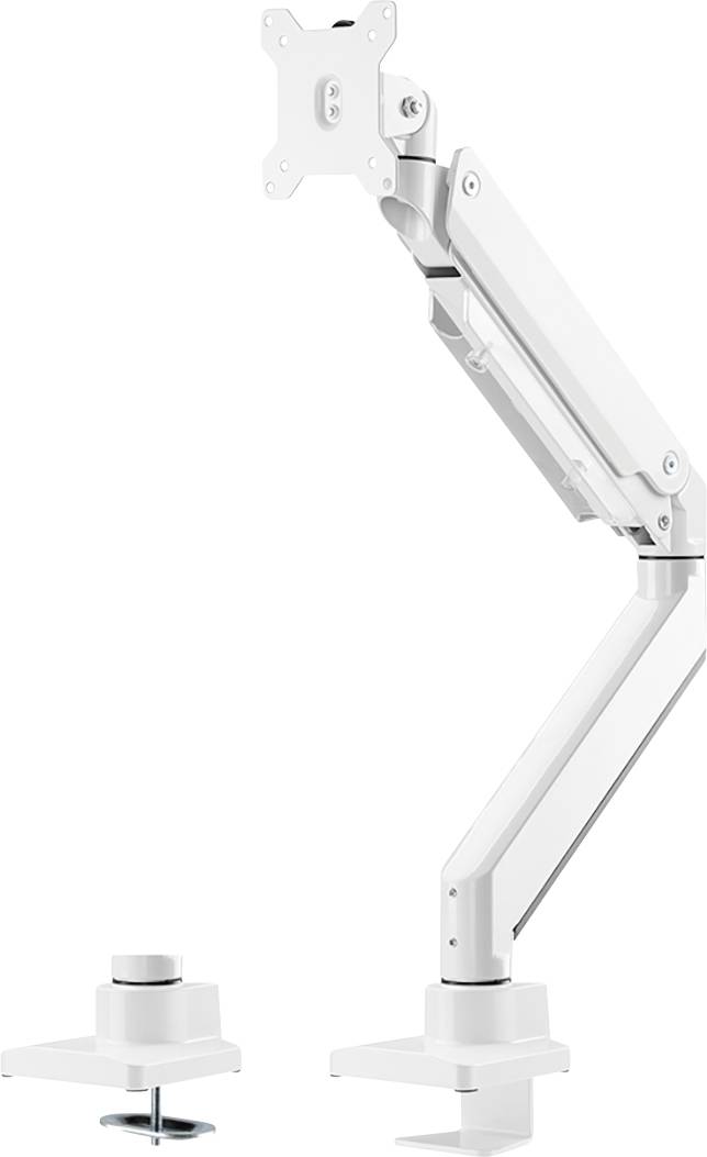 A white monitor arm, adjustable in height and tilt, for mounting on a desk.