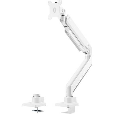 A white monitor arm, adjustable in height and tilt, for mounting on a desk.
