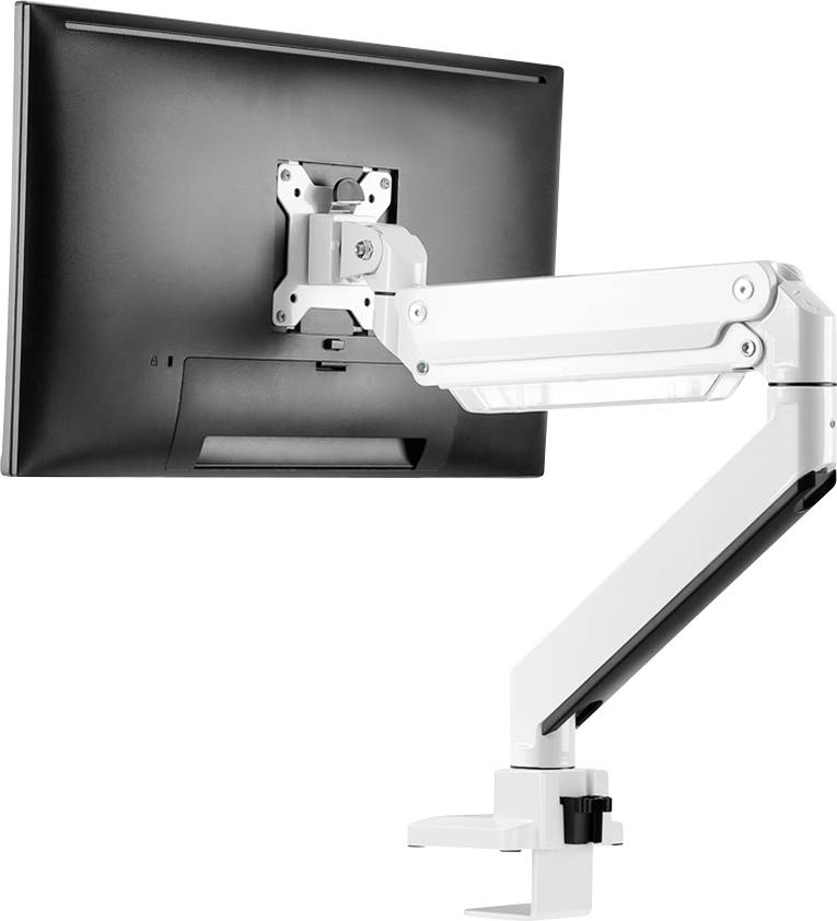 A computer monitor on an adjustable white arm support, which can be flexibly positioned. Suitable for ergonomic workspaces.