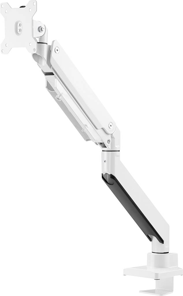 White, adjustable monitor arm with joints for flexible screen positioning, mounted on a desk.