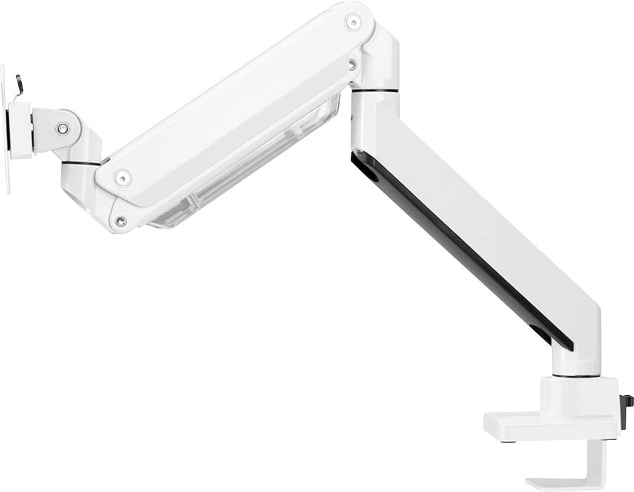 'Adjustable white monitor arm with multiple joints for flexible screen positioning, suitable for desk mounting.'