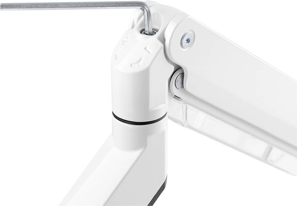 Close-up of a white hinge with an Allen key inserted into a screw. The hinge connects two parts.