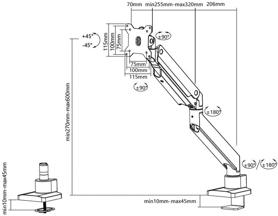 Swing Arm Mounting Instructions: Shows dimensions and swivel ranges of a monitor arm, including angle and height specifications.